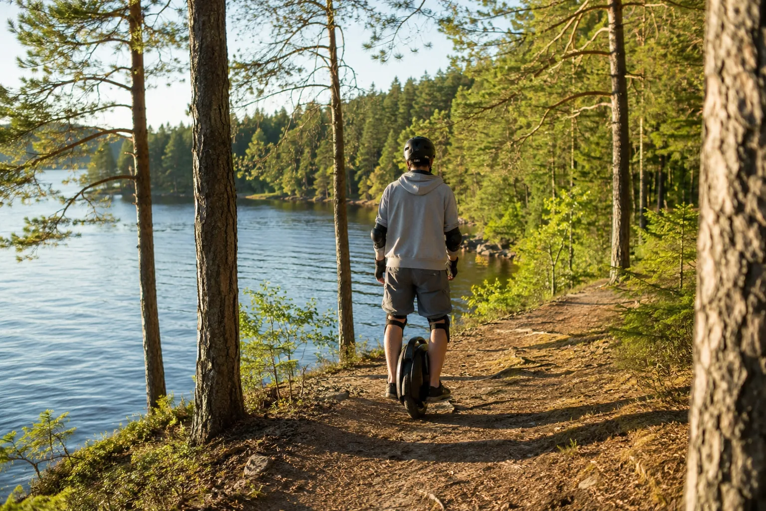 Riding an electric unicycle along Lake Smalvas